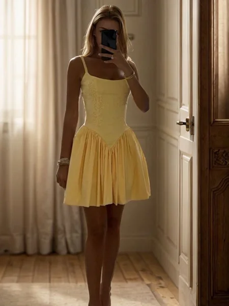 A-line Straps Pleated Short/Mini Taffeta Dress