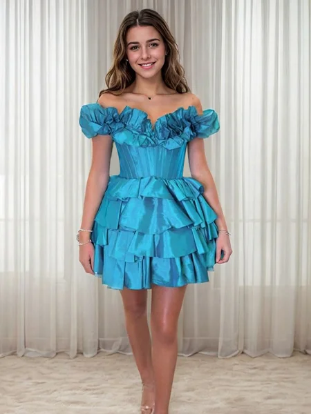 A-line Off-the-Shoulder Cascading Ruffles Short/Mini Taffeta Corset Dress