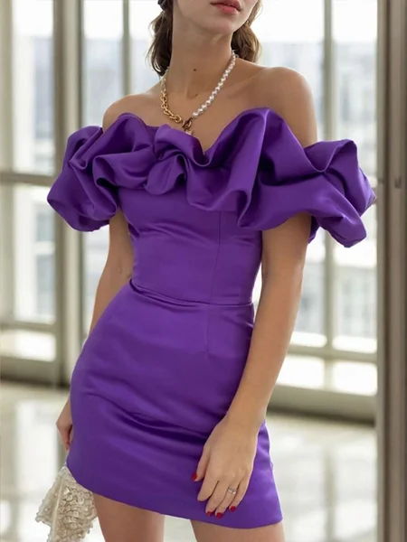 Sheath Off-the-Shoulder Pleated Short/Mini Satin Dress