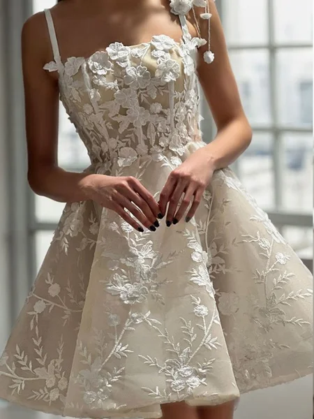 A-line Spaghetti Straps Appliques Lace Short/Mini Lace Corset Dress