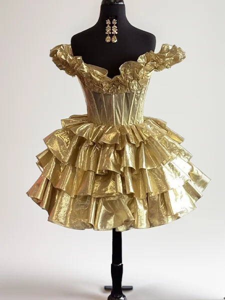 A-line Off-the-Shoulder Cascading Ruffles Short/Mini Corset Dress