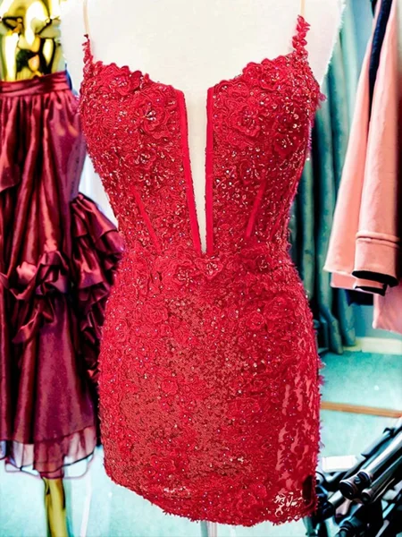 Sheath V-neck Appliques Lace Short/Mini Sequins Corset Dress