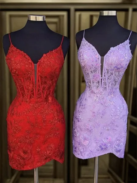 Sheath V-neck Appliques Lace Short/Mini Tulle Corset Dress