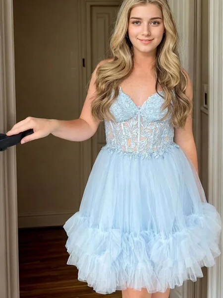 A-line V-neck Appliques Lace Short/Mini Tulle Corset Dress