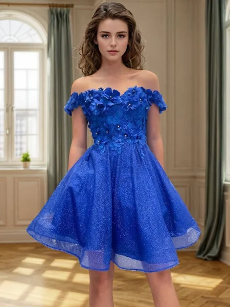 A-line Off-the-Shoulder Flower Short/Mini Dress