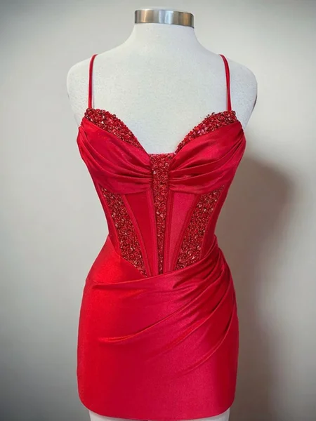 Sheath Spaghetti Straps Pleated Short/Mini Silk Like Satin Corset Dress