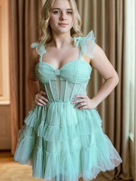 A-line Sweetheart Cascading Ruffles Short/Mini Tulle Corset Dress