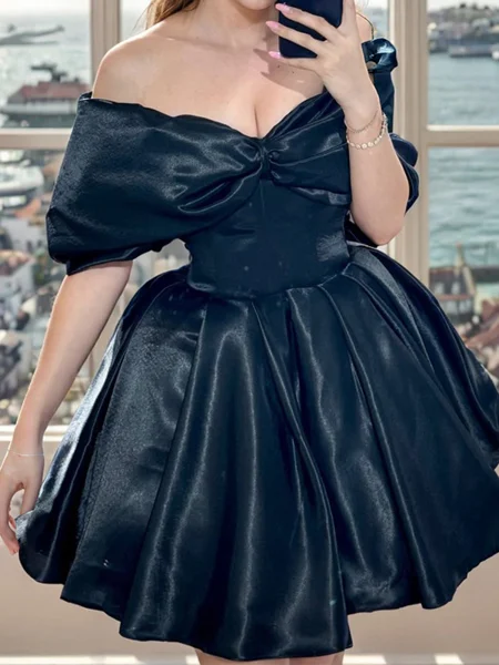 A-line Off-the-Shoulder Pleated Short/Mini Silk Like Satin Corset Dress