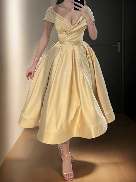 A-line V-neck Pleated Tea-Length Silk Like Satin Corset Dress