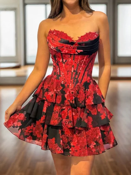 A-line Sweetheart Cascading Ruffles Short/Mini Corset Dress