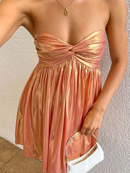 A-line Sweetheart Ruffles Short/Mini Metallic Satin Dress