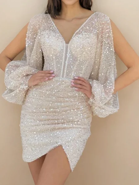 Sheath V-neck Long Sleeves Pleated Short/Mini Corset Dress