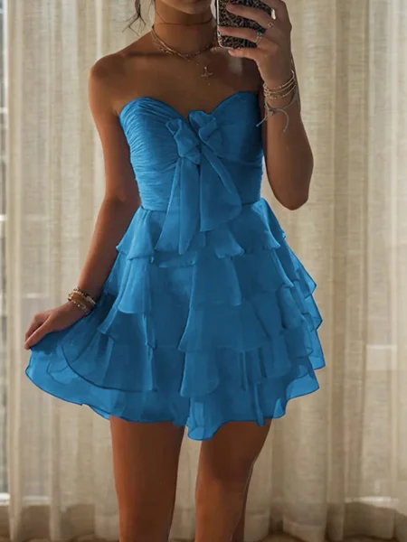 A-line Sweetheart Cascading Ruffles Short/Mini Chiffon Corset Dress