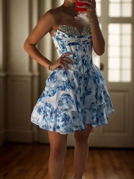 A-line Sweetheart Cascading Ruffles Short/Mini Corset Dress