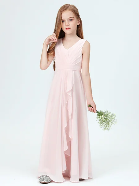 A-Line/Princess V-neck Floor-Length Chiffon Junior Bridemaid Dresses With Pleated