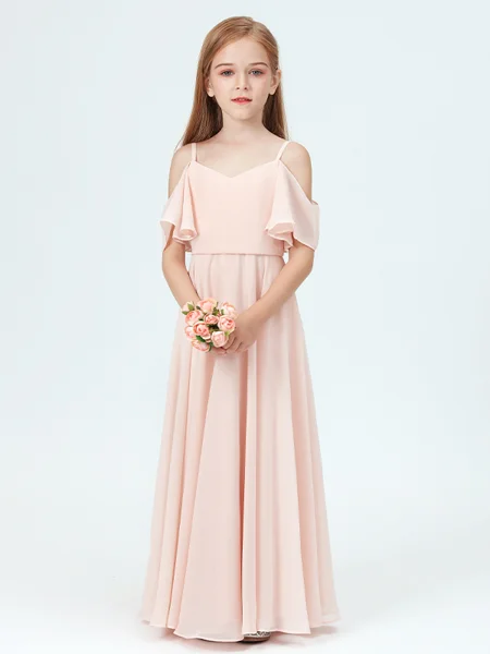 A-Line/Princess Straps Ankle-Length Chiffon Junior Bridemaid Dresses With Ruffles