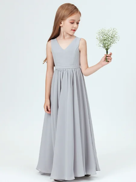 A-Line/Princess V-neck Ankle-Length Chiffon Junior Bridemaid Dresses