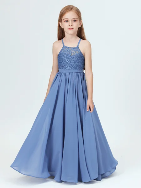 A-Line/Princess Halter Floor-Length Chiffon Junior Bridemaid Dresses