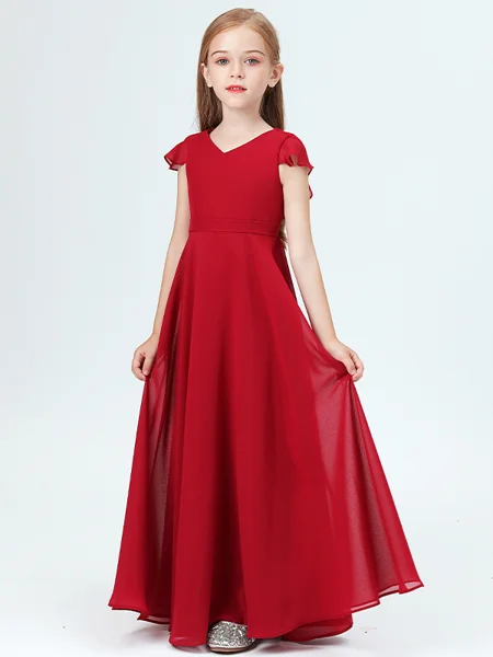 A-Line/Princess V-neck Floor-Length Chiffon Junior Bridemaid Dresses