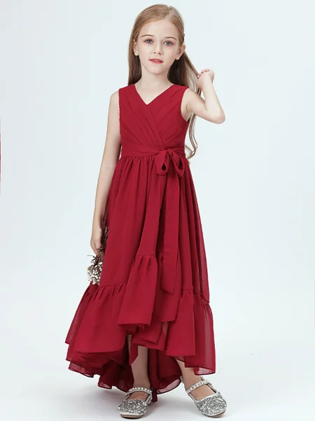 A-Line/Princess V-neck Asymmetrical Chiffon Junior Bridemaid Dresses With Belt/Sash