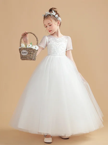 Ball Gown Scoop Ankle-Length Tulle Junior Bridemaid Dresses With Appliques Lace
