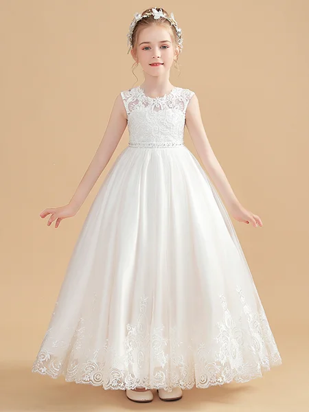 Ball Gown Scoop Ankle-Length Tulle Junior Bridemaid Dresses With Appliques Lace
