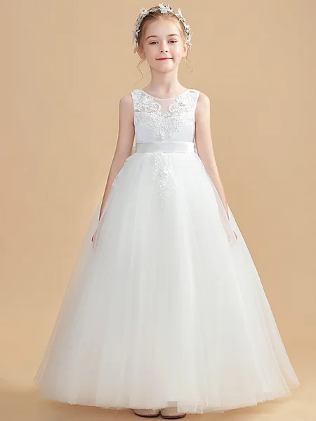 A-Line/Princess Scoop Ankle-Length Tulle Junior Bridemaid Dresses With Belt/Sash