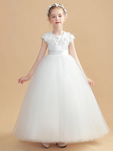 Ball Gown Scoop Ankle-Length Tulle Junior Bridemaid Dresses With Appliques Lace