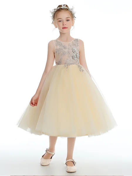 Ball Gown Scoop Tea-Length Tulle Junior Bridemaid Dresses With Flower