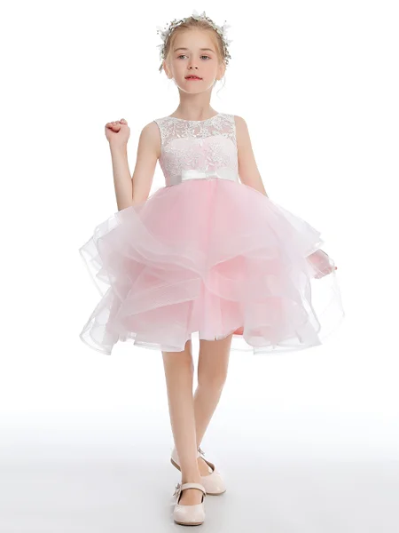 A-Line/Princess Scoop Short/Mini Tulle Junior Bridemaid Dresses With Bow