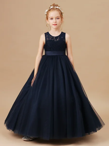 Ball Gown Scoop Ankle-Length Tulle Junior Bridemaid Dresses With Belt/Sash