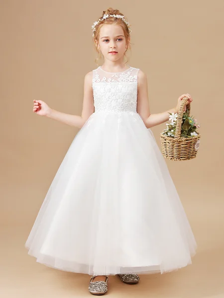 A-Line/Princess Scoop Ankle-Length Tulle Junior Bridemaid Dresses With Appliques Lace