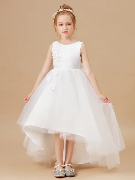 A-Line/Princess Scoop Asymmetrical Tulle Junior Bridemaid Dresses With Bow