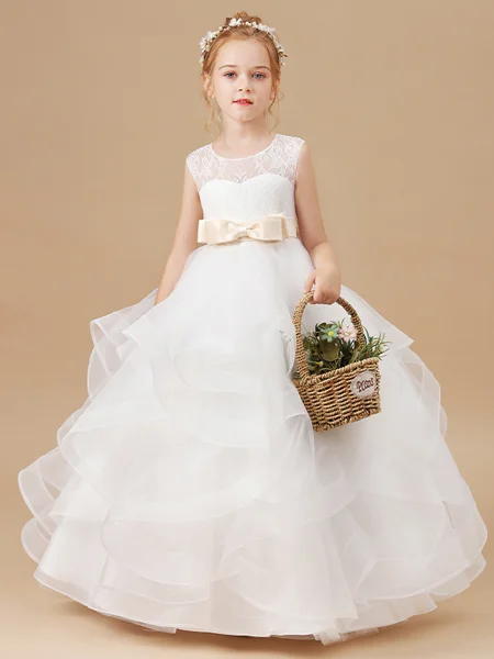 Ball Gown Scoop Ankle-Length Tulle Junior Bridemaid Dresses With Bow