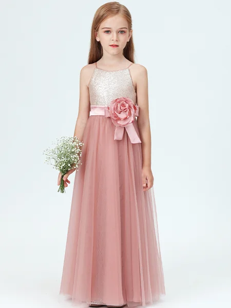 A-Line/Princess Spaghetti Straps Floor-Length Tulle Junior Bridemaid Dresses With Flower