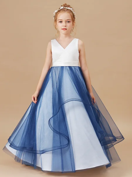 Ball Gown V-neck Floor-Length Tulle Junior Bridemaid Dresses With Ruffles