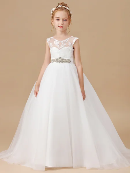 Ball Gown Scoop Sweep/Brush Train Tulle Junior Bridemaid Dresses With Belt/Sash