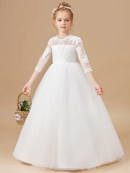 Ball Gown Scoop Floor-Length Tulle Junior Bridemaid Dresses With Appliques Lace