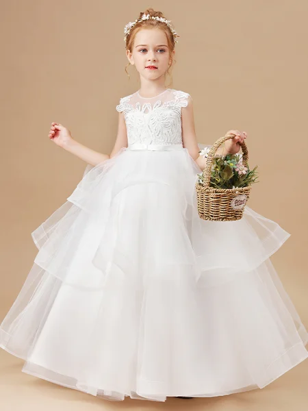 Ball Gown Scoop Floor-Length Tulle Junior Bridemaid Dresses With Cascading Ruffles
