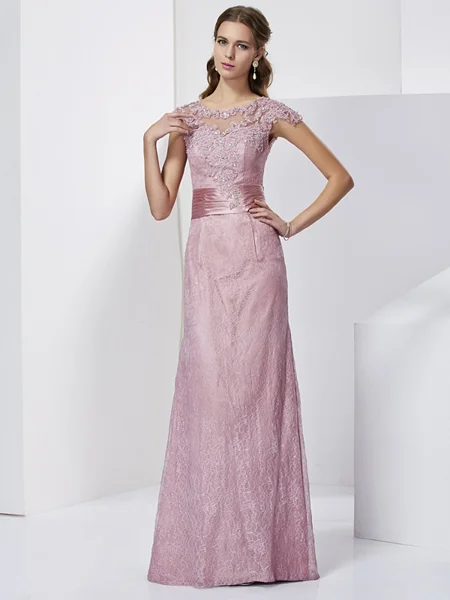 Sheath/Column High Neck Floor-Length Silk Like Satin Mother of the Bride Dresses With Lace