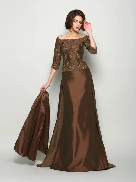 A-Line/Princess Off-the-Shoulder Sweep Train Taffeta Mother of the Bride Dresses With Beading