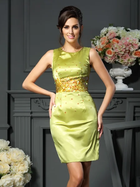 Sheath/Column Scoop Short/Mini Silk like Satin Mother of the Bride Dresses With Beading