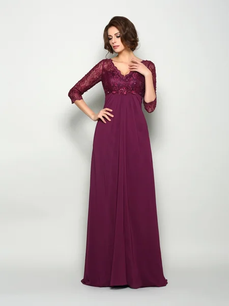 A-Line/Princess V-neck Sweep Train Chiffon Mother of the Bride Dresses With Beading