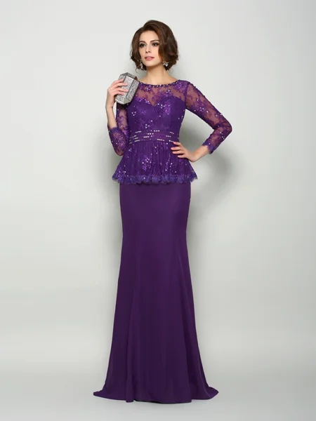 Trumpet/Mermaid Scoop Sweep Train Chiffon Mother of the Bride Dresses With Beading