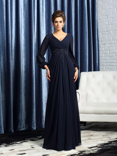 A-Line/Princess V-neck Floor-Length Chiffon Mother of the Bride Dresses With Beading