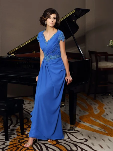 A-Line/Princess V-neck Floor-Length Chiffon Mother of the Bride Dresses With Appliques Lace