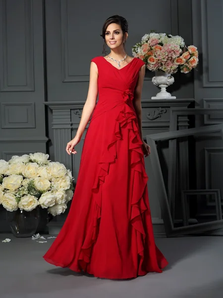 A-Line/Princess V-neck Floor-Length Chiffon Mother of the Bride Dresses With Flower