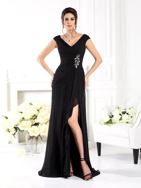 A-Line/Princess V-neck Sweep Train Chiffon Mother of the Bride Dresses With Ruffles