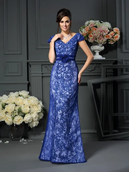 Trumpet/Mermaid V-neck Floor-Length Satin Mother of the Bride Dresses With Appliques Lace