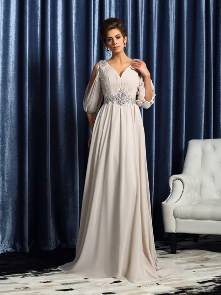 A-Line/Princess V-neck Court Train Chiffon Mother of the Bride Dresses With Beading